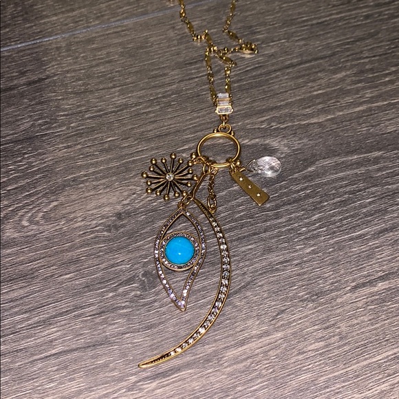 New Turquoise Evil Evil Rhinestone Horn Starburst Charm Long Necklace 18k plated - Picture 1 of 4